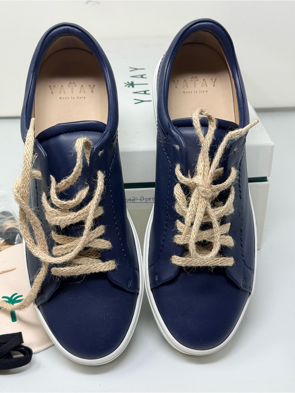 Navy Leather Low-Top Sneakers with Natural Rope Laces